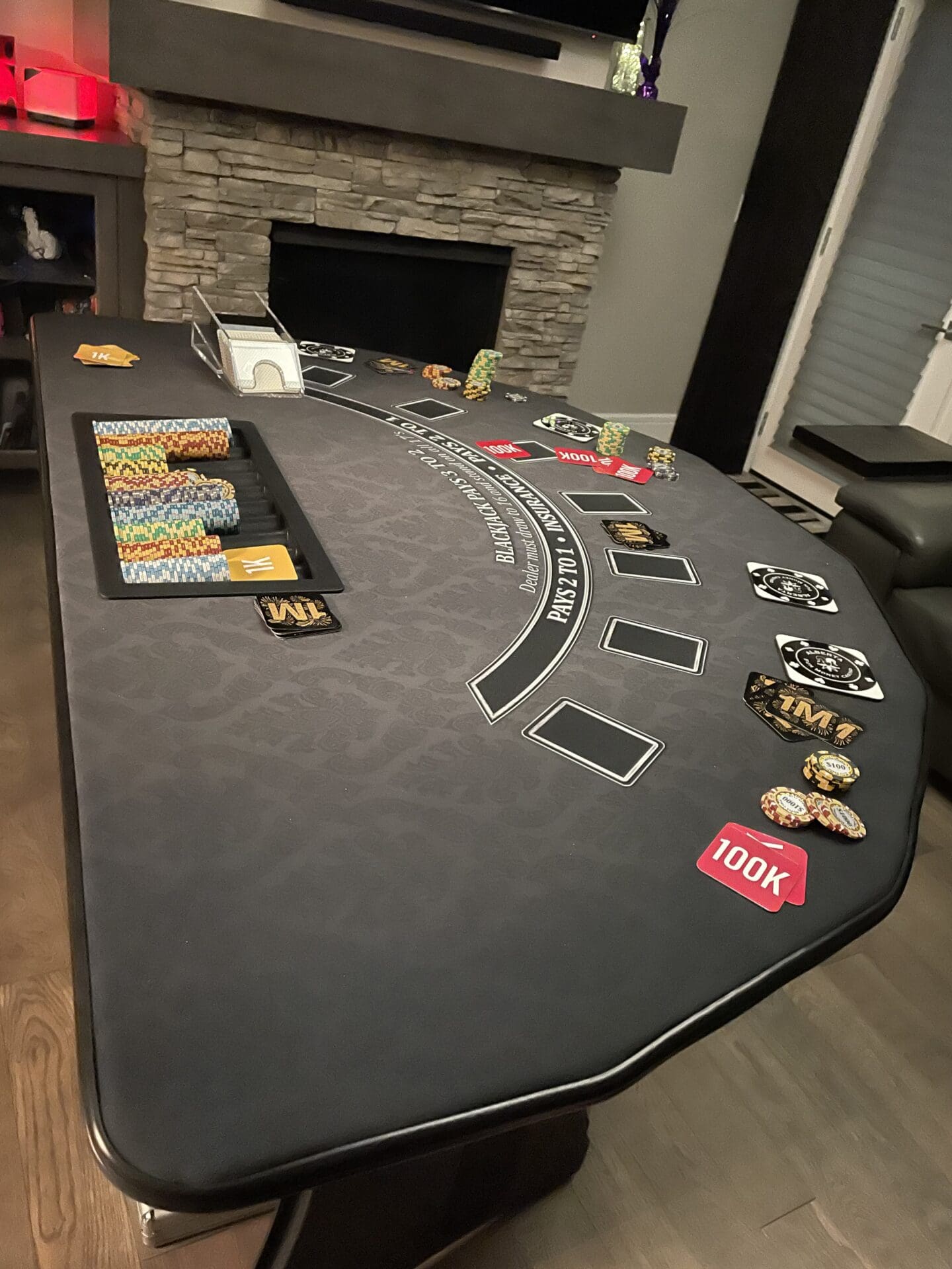 A table with cards and chips on it